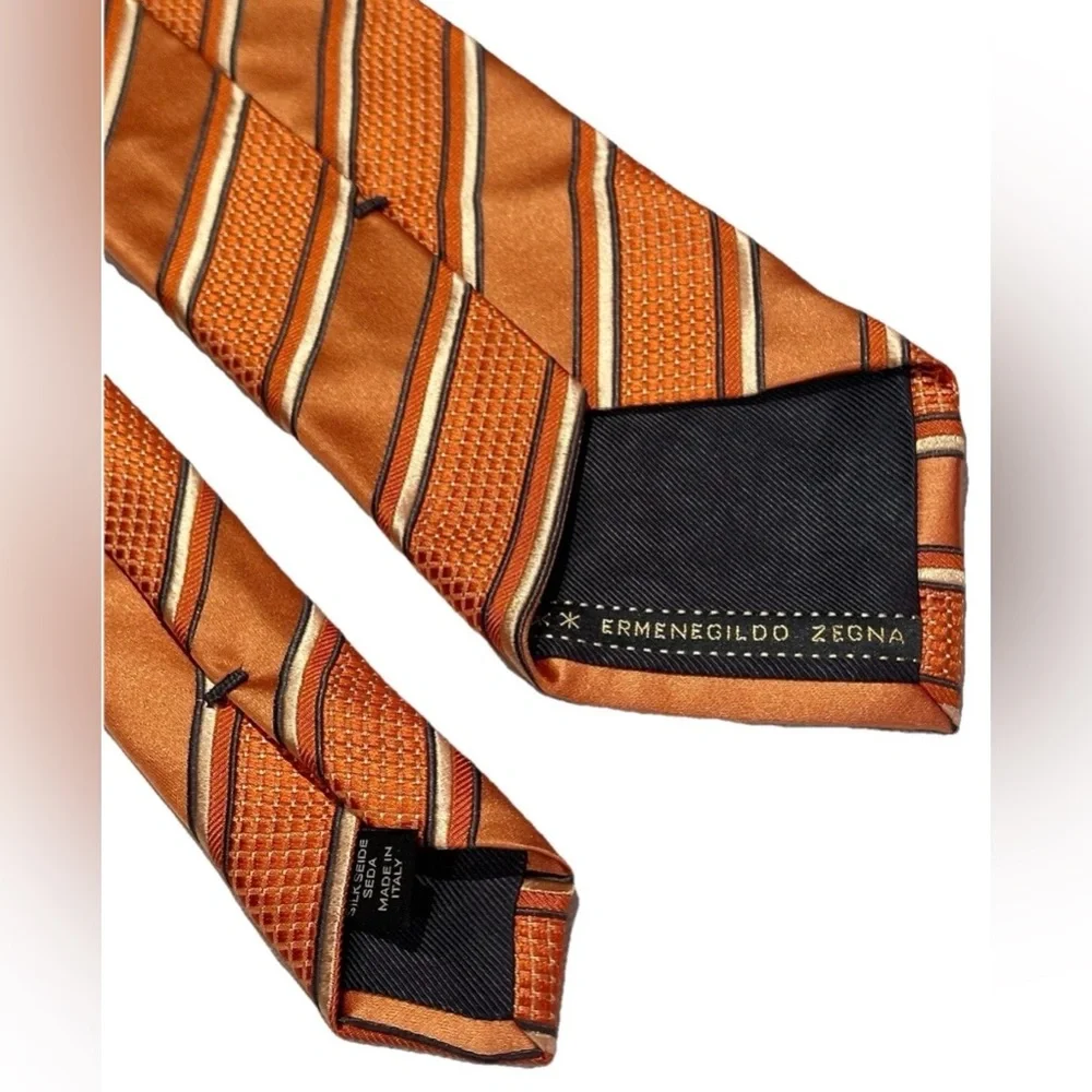 $250 NEW ERMENEGILDO ZEGNA TIE SILK ORANGE TANGERINE TONES DIAGONAL STRIPES